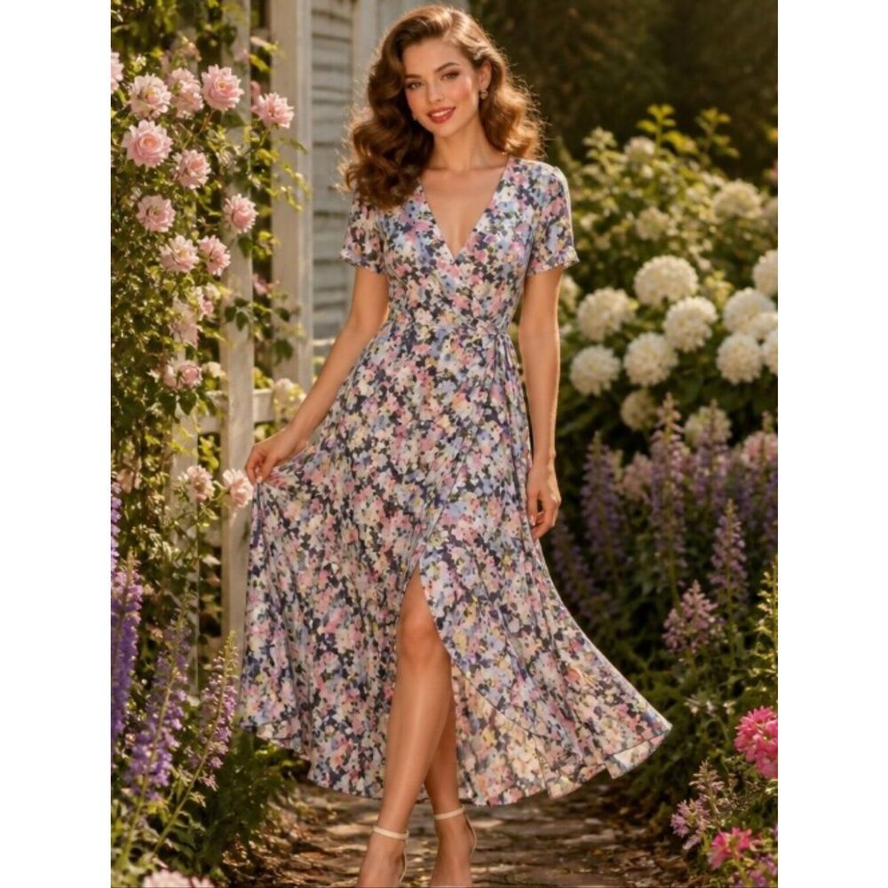 Soft Pastel Floral Wrap Maxi Dress with Tie Waist